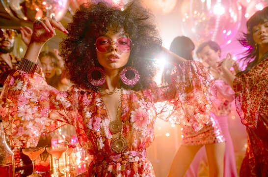 1980s disco dance party, fashionable woman in retro floral dress and pink sunglasses dancing with friends under sparkling disco balls and colorful nightclub lights.