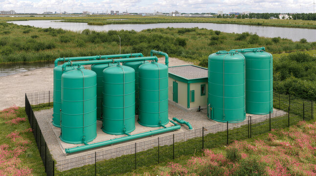 Water treatment facility. Industrial filtration station with large green storage tanks and pipelines purifies water for municipal supply and wastewater treatment.