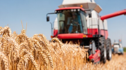 Obraz premium Agriculture and wheat harvesting. Combine harvester operates in a golden wheat field, collecting ripe grain during the summer harvest for food production.