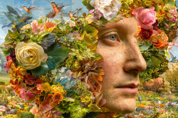 Fototapeta premium Surreal art and nature. A human face surrounded by colorful flowers and green leaves merges with a blooming garden as hummingbirds fly nearby in a fantasy scene.