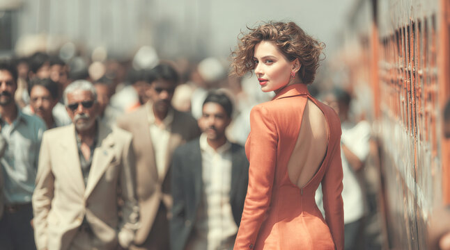Fashion and urban lifestyle. Elegant woman in a coral backless dress looks over her shoulder while walking through a crowded city street surrounded by men.