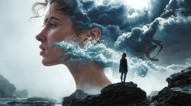 Conceptual art and psychology. Double exposure portrait of a woman with storm clouds and ocean waves, symbolizing emotional turmoil, inner conflict and mental health.