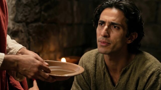 Jesus preparing to wash disciple feet with water basin. Emotional apostle speaking during biblical reenactment. Maundy Thursday and humility concept