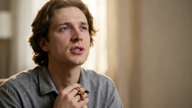 Young man holding wooden cross and praying indoors. Emotional male looking up during devout Christian prayer. Faith and religious devotion concept