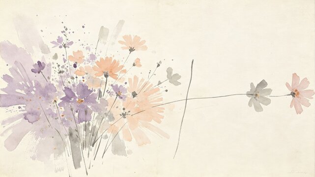 Pastel wildflowers bouquet delicate watercolor sketch on cream paper background for romantic greeting cards.