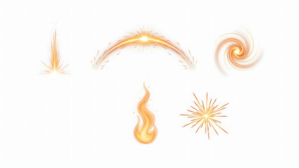 Fototapeta premium Set of five glowing orange light effects, including sparks, a curved arc, a swirl, a flame, and a starburst, isolated on a white background