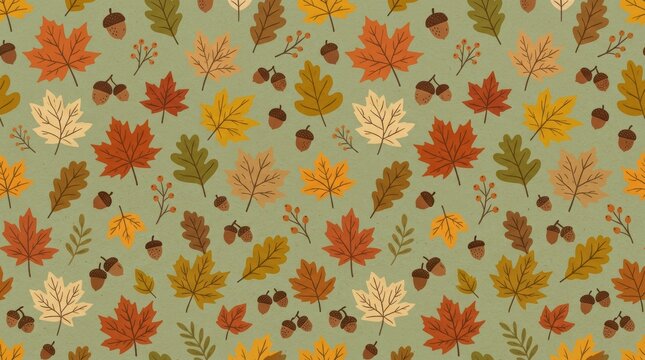 Autumn leaves and acorns seamless pattern on green background for seasonal design