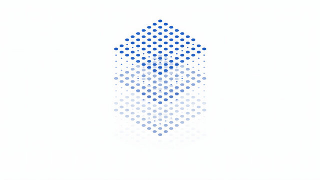 Isometric cube structure formed by multiple layers of blue dots on a white background, with a soft, reflection visible under, the bottom layer