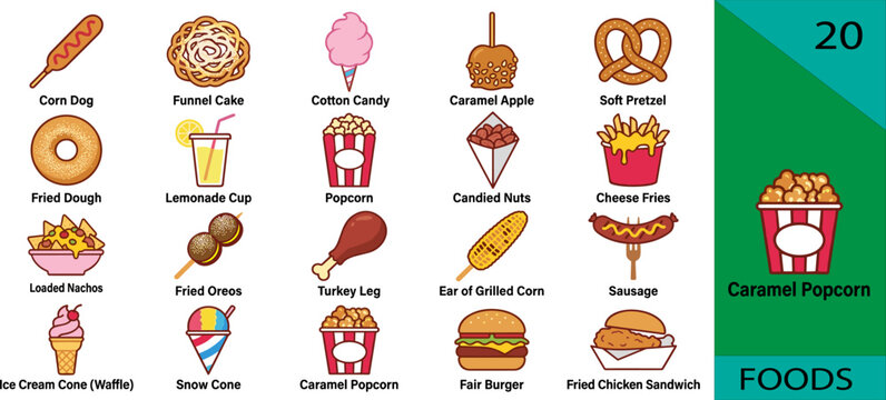 Set of 20 carnival fair food icons corn dog funnel cake cotton candy editable vector illustration