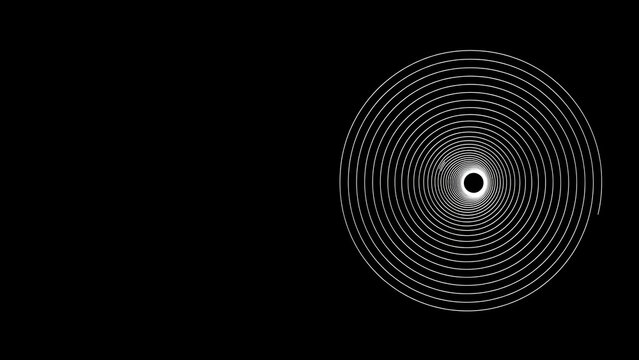 Minimalist white spiral line on a solid black background, creating a circular vortex effect for geometric digital compositions