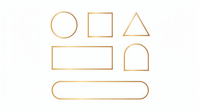 Collection of thin gold geometric frames featuring a circle, square, triangle, rectangle, arch, and rounded rectangle on white background