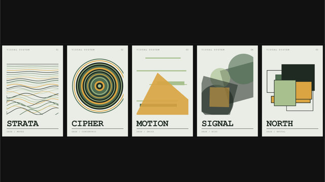 Visual system posters featuring strata, cipher, motion, signal, and north with geometric lines, concentric circles, triangles, and squares
