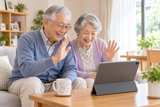 Elderly couple using a tablet together at home