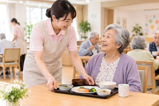 Care worker serving a meal to an elderly woman