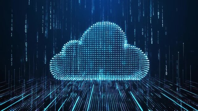 Digital Cloud Computing Icon with Binary Data Stream and Network Connections
