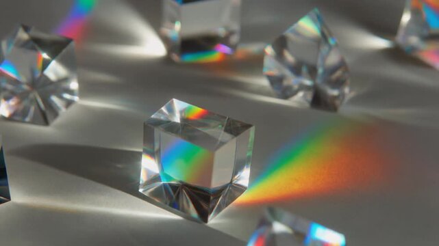 Prisms refracting light, creating colorful rainbow spectrums and geometric patterns with light beams
