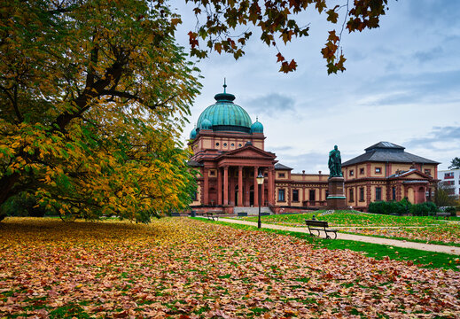 Kaiser-Wilhelms-Bad spa house and autumn leaves in Bad Homburg