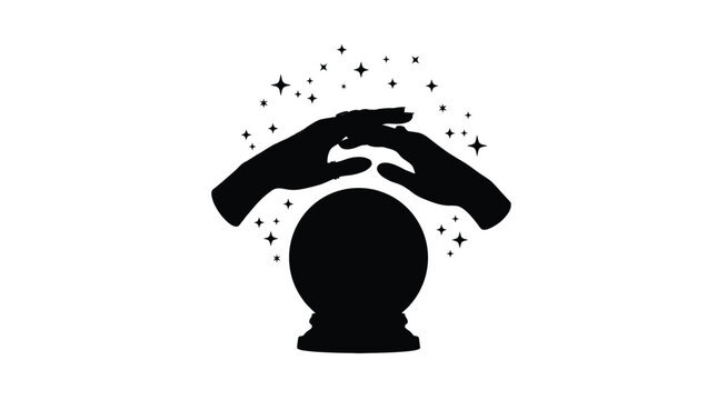 Mysterious black silhouette of human hands hovering over a magical crystal ball with sparkling stars graphic