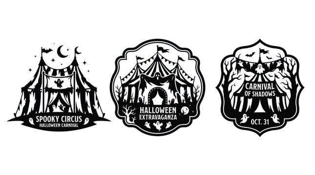 Spooky circus carnival badges featuring haunted tents with ghosts bats and moon in black vector style