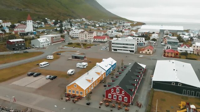Summer aerial view of &rdquo;lafsfj&circ;rur village surrounded by
