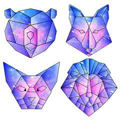 Fototapeta premium Purple galaxy patterned geometrical and crystalized animal sticker set