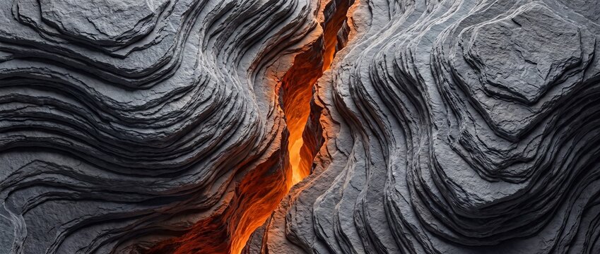 The image showcases a dramatic, abstract representation of a geological fissure, with molten lava glowing intensely within the deep crevice, surrounded by stark, textured rock formations.