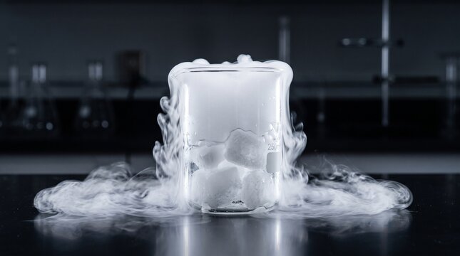 Dry ice sublimating in laboratory beaker creating fog effect  