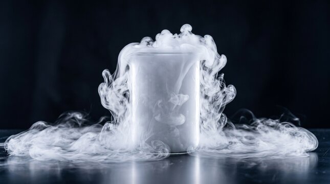 Dry ice sublimating in a beaker with flowing vapor  
