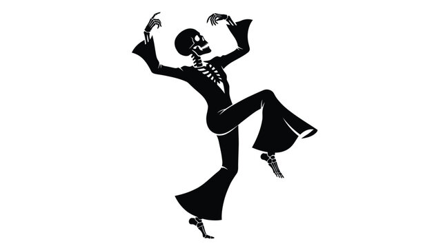 Dancing skeleton wearing vintage bell bottom trousers performing energetic disco moves isolated on clean white background for holiday party fun