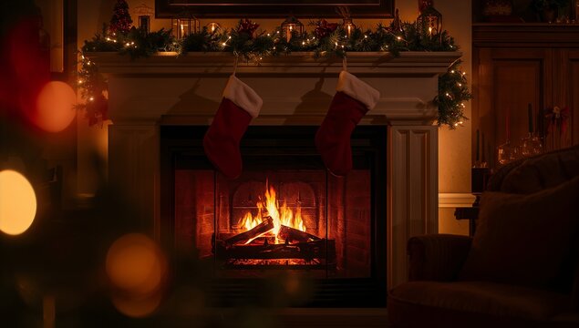 Warm cozy fireplace burning with crackling flames decorated with Christmas stockings and holiday garland, festive holiday home interior with wood mantel