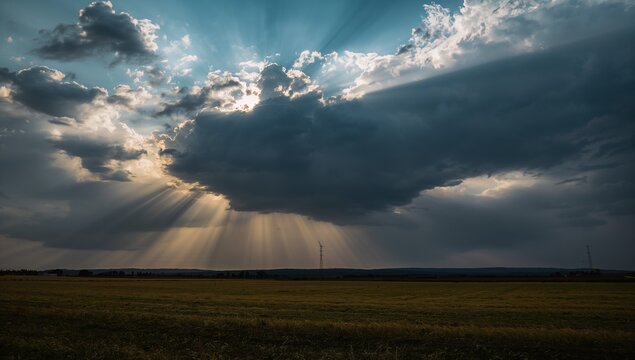 Dramatic sunburst rays breaking through dark storm clouds over open field at golden hour, crepuscular light beams piercing moody sky creating inspirational hope and divine atmosphere