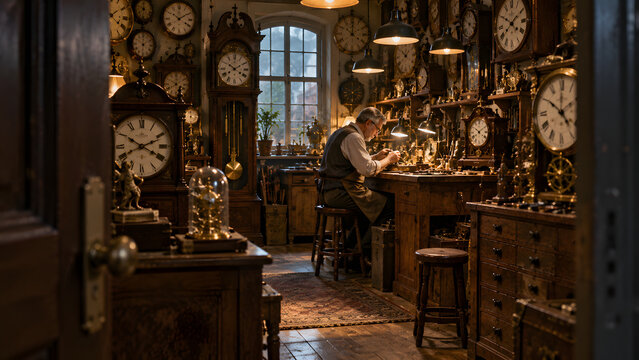 Antique clockmaker meticulously assembling intricate brass timepieces in vintage workshop with transparent background