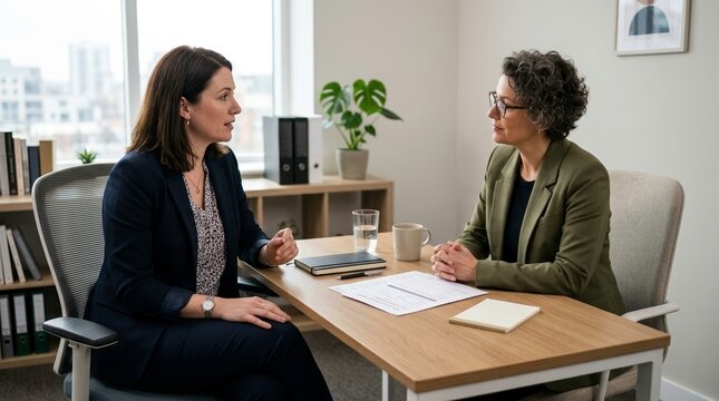Two professional women in business attire discussing documents at a wooden desk in an office setting
