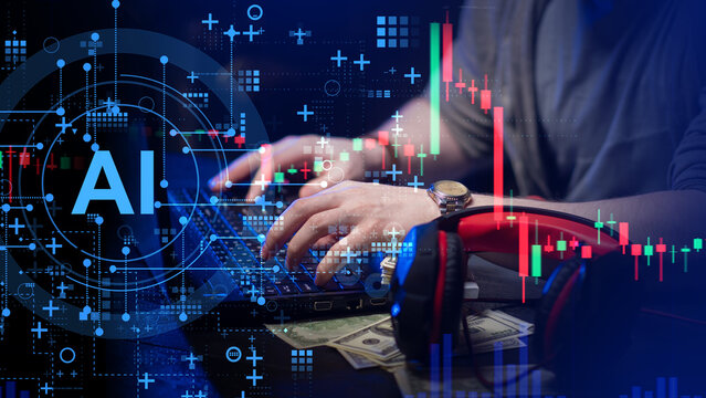AI financial trading. Trader uses artificial intelligence to analyze stock market charts, predict price movements and support automated investment decisions.