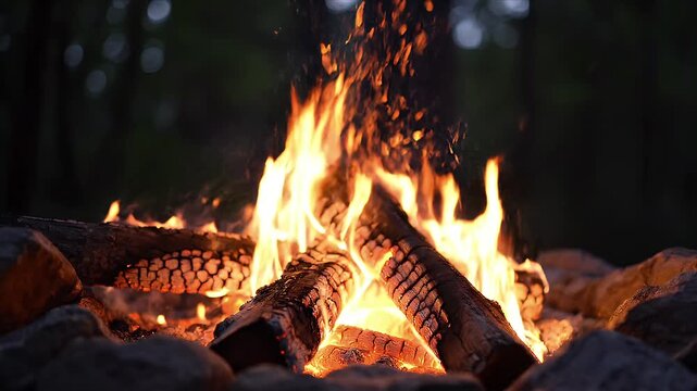 Cozy Campfire Flames Flickering with Sparks in a Dark Forest