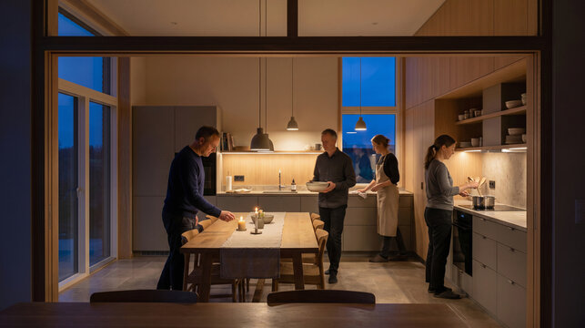 Twilight Communal Dinner Setup in an Adult Co-Living Kitchen