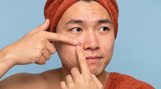 Dermatology: Asian man examining facial acne during a skincare routine