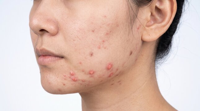 Dermatology: Close-up of Asian person with inflammatory facial acne and pustules