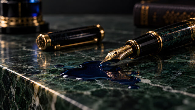 Vintage fountain pen with ink drop on dark green marble surface for stationery branding
