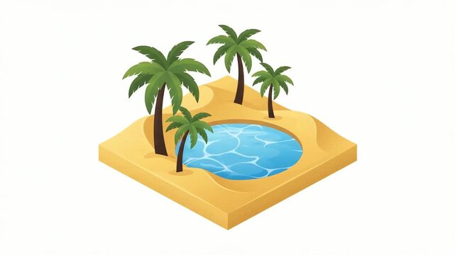 Desert oasis illustration featuring several green palm trees surrounding a sparkling blue water pond isolated upon a clean white background for design projects.
