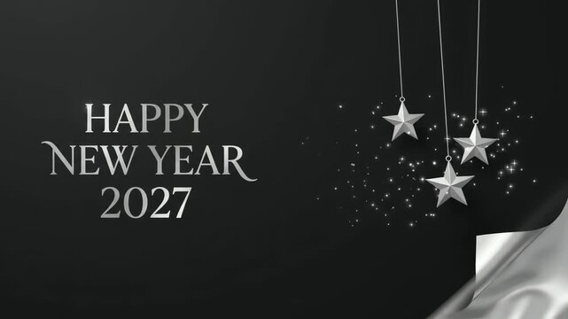 Happy New Year 2027 greeting card design features silver hanging star ornaments, glittering confetti, and silky fabric drapery against a dark background.