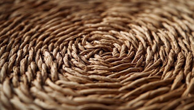 Spiral coiled rope texture background, natural woven jute or hemp cord wound in circular pattern, rustic braided rope swirl close-up for craft and nautical design, tan brown fiber texture with organic