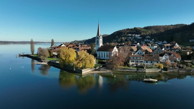 Aerial view of the municipality of Berlingen in the canton of Thurgau, Lake Constance, Switzerland