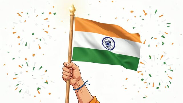 Hand holding the national flag of India attached to a wooden pole with festive confetti and firework explosions depicted in the background during a celebration.