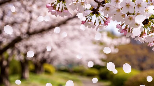 Gentle cherry blossom petals falling in a serene spring park
