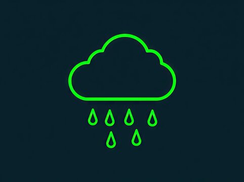 Green neon outline cloud shedding teardrop rain