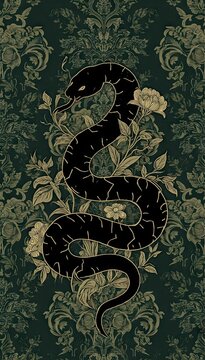 Ornate black snake coiled among baroque flowers