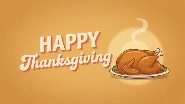 Roasted turkey on a platter with festive typography wishing a happy thanksgiving day on a warm textured background decorated with steam and holiday symbols.