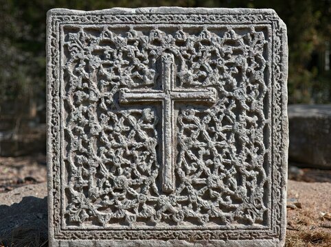 Carved stone khachkar cross outdoors