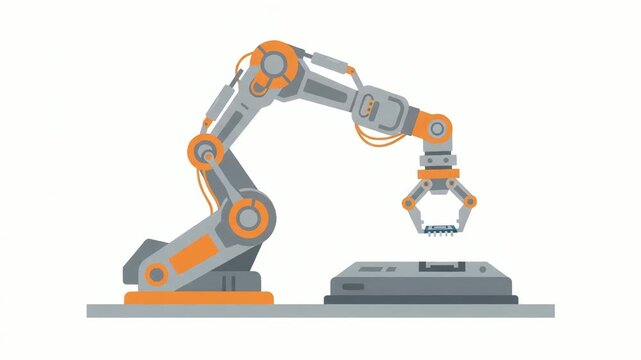 Industrial robotic arm with orange and grey segments performing automated assembly tasks on a manufacturing platform inside a modern factory environment.